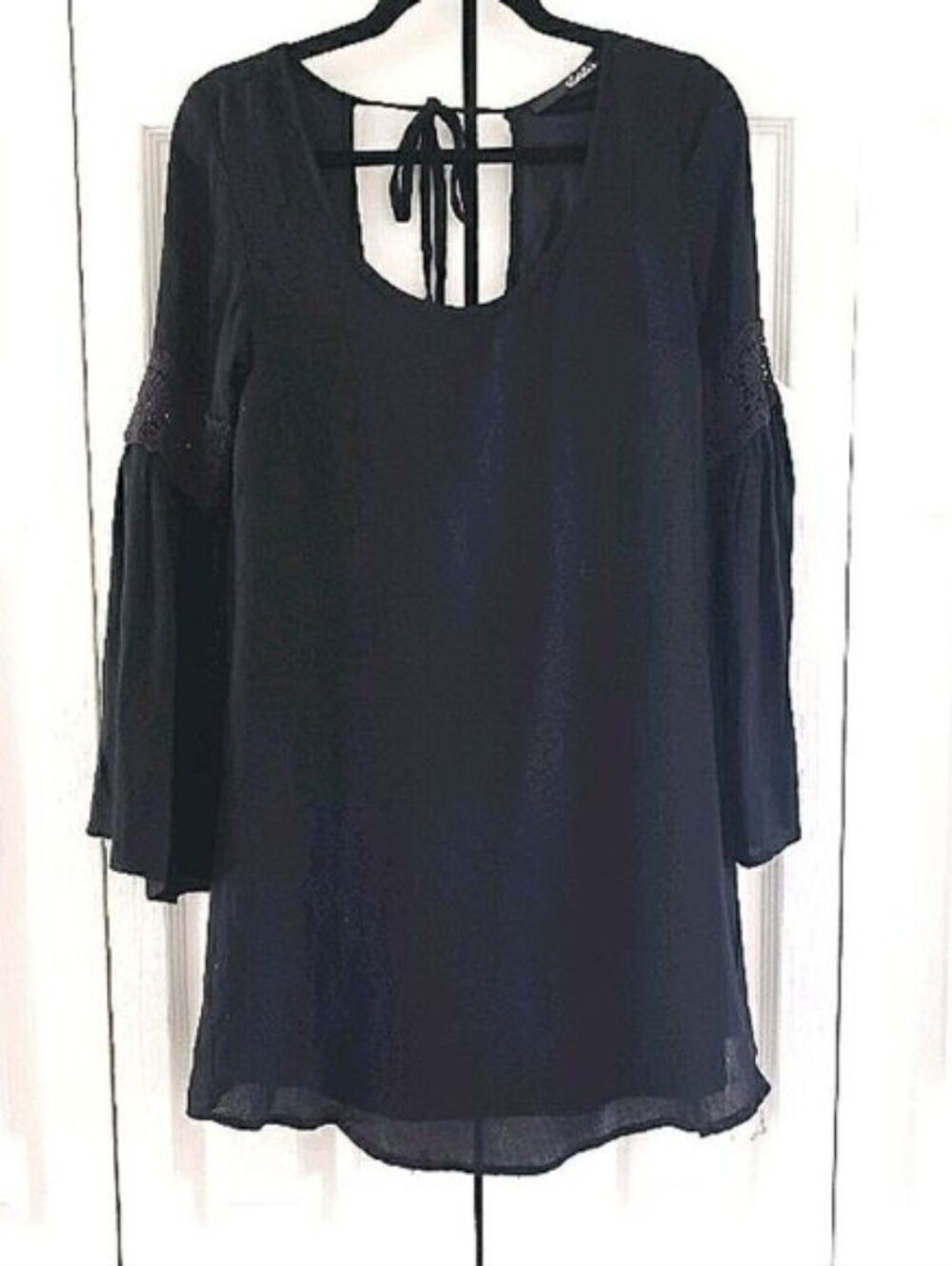 Lulu's Black Boho Bell Sleeve V Back Mini Trapeze Dress,  Small